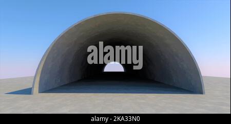 Improvvisazione architettonica. Luce alla fine di un tunnel dalle pareti sottili contro un cielo blu. Superficie di calcestruzzo. rendering 3d. Foto Stock