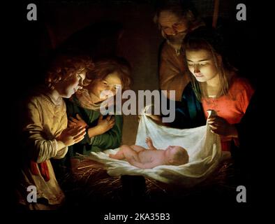 Adorazione del Cristo Bambino, (in italiano: Adorazione del Bambino), 1619–1621 , Gerard van Honthorst , Gerrit van Honthorst, 4 novembre 1592 – 27 aprile 1656, pittore olandese dell'età dell'oro, Paesi Bassi, ( Firenze, Italia.) Foto Stock