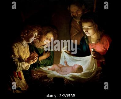 Adorazione del Cristo Bambino, (in italiano: Adorazione del Bambino), 1619–1621 , Gerard van Honthorst , Gerrit van Honthorst, 4 novembre 1592 – 27 aprile 1656, pittore olandese dell'età dell'oro, Paesi Bassi, ( Firenze, Italia.) Foto Stock