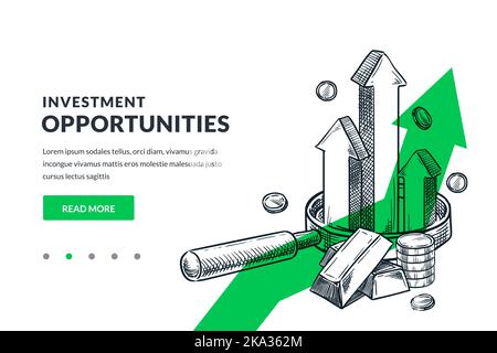 Concetto di crescita aziendale, investimenti e analisi finanziaria. Lente d'ingrandimento con frecce crescenti e barre d'oro su sfondo con freccia verde. Disegno a mano ve Illustrazione Vettoriale