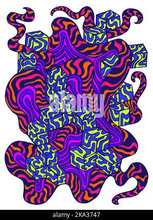 Modello stile doodle psichedelico con molti ornamenti colorati. Modello isolato. Incredibile divertente ornamento astratto per il design t-shirt, placat, scheda Illustrazione Vettoriale