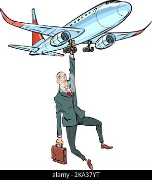 Rilocazione aziendale. L'uomo d'affari vola su un aereo. Concetto di migrazione economica Illustrazione Vettoriale