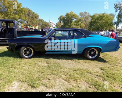 Vecchio nero e blu sportivo Chevrolet Chevy II Nova 350 coupé 1970s in campagna. Natura erba e alberi. Spettacolo di auto classica. CopySpace Foto Stock