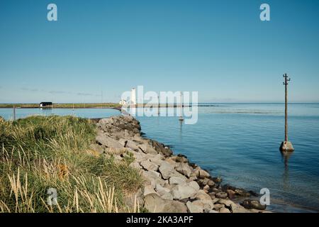 Erba e rocce sulla riva del mare calmo Foto Stock