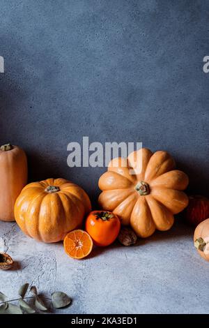 Vita morta di verdure d'autunno assortite, zucche, mele, persimmoni, tangerini e nocciole su sfondo scuro Foto Stock