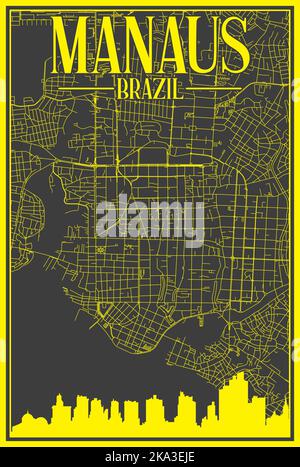 Mappa stampata a mano della rete di strade del centro di MANAUS, BRASILE Illustrazione Vettoriale