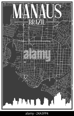 Mappa stampata a mano della rete di strade del centro di MANAUS, BRASILE Illustrazione Vettoriale