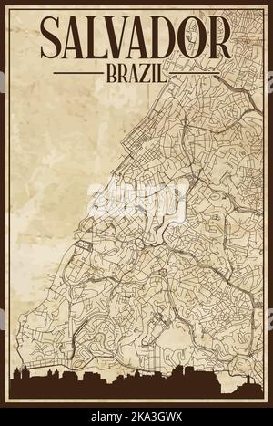 Mappa stampata della rete di strade del centro disegnata a mano di SALVADOR, BRASILE Illustrazione Vettoriale