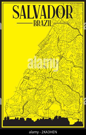 Mappa stampata della rete di strade del centro disegnata a mano di SALVADOR, BRASILE Illustrazione Vettoriale