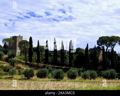 vista panoramica di un antico castello nella campagna toscana in una calda giornata estiva. splendidi colori naturali Foto Stock