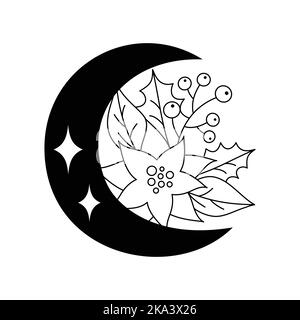 Elementi di Natale con una luna in uno stile lineare. Illustrazione Vettoriale