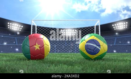 Due palline da calcio con bandiere colorate sullo sfondo luminoso sfocato dello stadio. Camerun e Brasile. immagine 3d Foto Stock