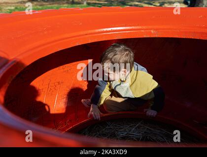 Simpatico ragazzo che gioca dentro e sopra una ruota di trattore colorata alla fiera agricola di Halloween Foto Stock