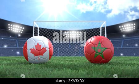 Due palline da calcio con bandiere colorate sullo sfondo luminoso sfocato dello stadio. Canada e Marocco. immagine 3d Foto Stock