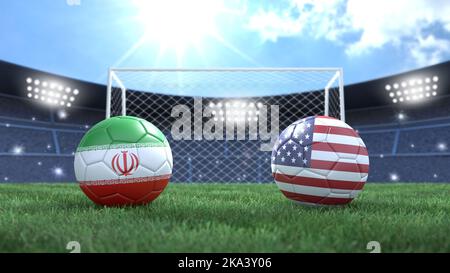 Due palline da calcio con bandiere colorate sullo sfondo luminoso sfocato dello stadio. Iran e Stati Uniti. immagine 3d Foto Stock