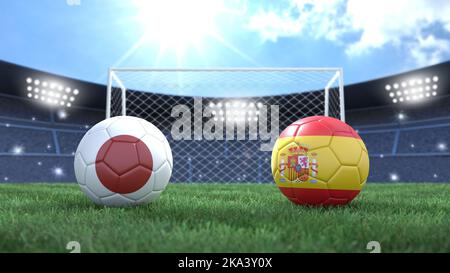 Due palline da calcio con bandiere colorate sullo sfondo luminoso sfocato dello stadio. Giappone e Spagna. immagine 3d Foto Stock