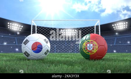 Due palline da calcio con bandiere colorate sullo sfondo luminoso sfocato dello stadio. Corea del Sud e Portogallo. immagine 3d Foto Stock
