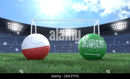 Due palline da calcio con bandiere colorate sullo sfondo luminoso sfocato dello stadio. Polonia e Arabia Saudita. immagine 3d Foto Stock