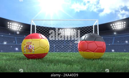 Due palline da calcio con bandiere colorate sullo sfondo luminoso sfocato dello stadio. Spagna e Germania. immagine 3d Foto Stock