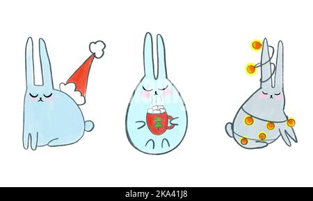 Vector Happy New Year 2023, gruppo di cute bianco divertente coniglio teste set, coniglietto collezione di caratteri, cute fauna animale cartone animato disegno vettore Illustrazione Vettoriale