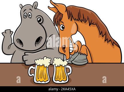 Illustrazione di fumetti di ippopotamo divertenti e personaggi di animali fumetti cavallo nel bar Illustrazione Vettoriale