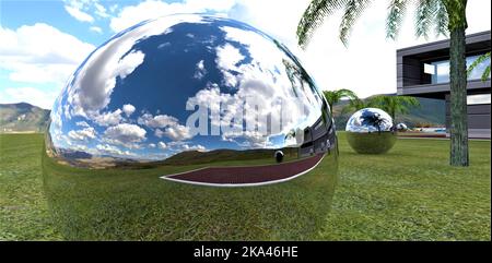 L'incredibile maniero e il cielo nuvoloso blu si riflettono in un'enorme sfera cromata posta sul prato come decorazione. rendering 3d. Foto Stock