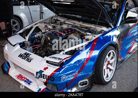 Dettaglio del motore ottimizzato di una deriva Nissan Silvia S13 Foto Stock