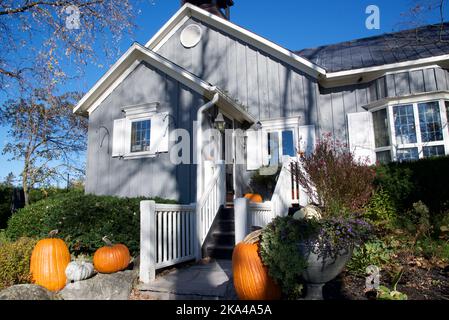 Decorazione di Halloween con zucche in una casa in stile canadese Foto Stock