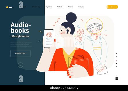 Lifestyle web template -Audiobooks -moderna immagine vettoriale piatta di una donna che ascolta un audiolibro con i germogli nell'applicazione tablet, Victorian e Illustrazione Vettoriale