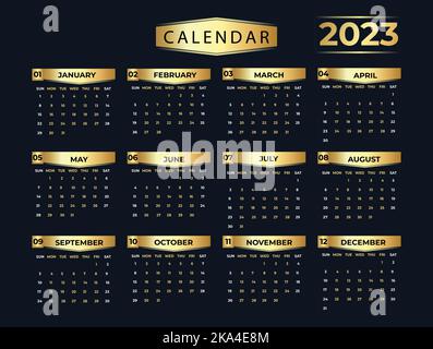 Elegante calendario annuale di colore dorato dell'anno 2023 con festività, settimana a partire dalla domenica Illustrazione Vettoriale
