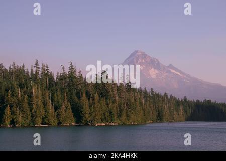 Ammira il monte Hood dalle rive del lago perduto, in una giornata soleggiata e calda. Foto Stock