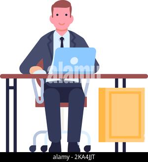 Uomo d'affari cartone animato. Posa del carattere maschile. Manager in abito formale. Occupazione degli impiegati. Uomo che lavora con un notebook. Ambiente di lavoro. Dipendente aziendale Illustrazione Vettoriale