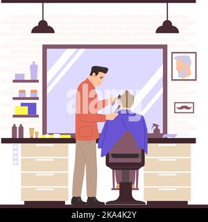 Persone nel salone di parrucchiere. Barbiere con cliente. Il parrucchiere effettua il taglio dei capelli. Uomo cliente seduto sulla poltrona. Rifinitore per capelli e rasatura con rasoio. Hai Illustrazione Vettoriale