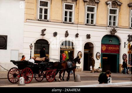 Le carrozze viennesi trainate da due cavalli fanno parte del paesaggio della capitale austriaca. Foto Stock