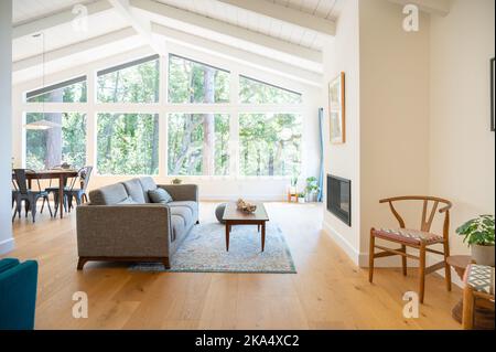 La camera era pulita, luminosa e fantastica, con un divano, una sala da pranzo e grandi finestre Foto Stock