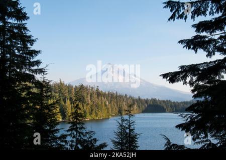 Ammira il monte Hood dalle rive del lago perduto, in una giornata soleggiata e calda. Foto Stock