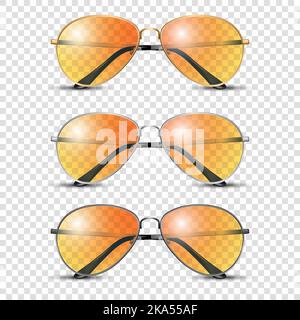 Set di occhiali Vector 3D Realistic con montatura rotonda e vetro trasparente arancione isolati, trasparenti per uomo e donna, Accessori. Ottica, lente Illustrazione Vettoriale