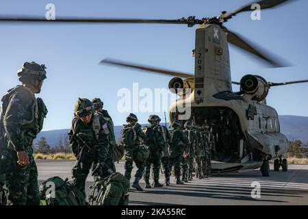 Le forze armate tailandesi reali si allineano per spostare le attrezzature da un elicottero CH-47 Chinook assegnato a 3rd battaglione, 25th reggimento dell'aviazione, 25th Brigata dell'aviazione di combattimento, 25th divisione di fanteria dopo l'atterraggio, durante l'esercizio 23-01 del Joint Pacific Multinational Readiness Center (JPMRC) presso Pohakuloa Training Area, Hawaii, 29 ottobre 2022. Il più antico alleato del trattato americano nel sud-est asiatico è arrivato al PTA per JPMRC, il primo centro di addestramento al combattimento della regione Indo-Pacifico. (STATI UNITI Foto dell'esercito di Sgt. Rachel Christensen/28th distaccamento degli affari pubblici) Foto Stock