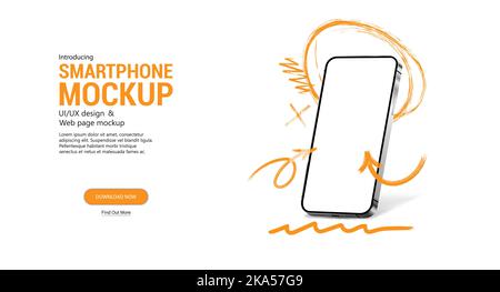 Smartphone Doodle con schermo vuoto in prospettiva. Telefono cellulare Mockup Illustrazione Vettoriale