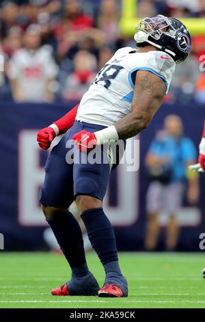 Houston, Texas, Stati Uniti. 30th Ott 2022. Tennessee Titans Defensive Tackle JEFFERY SIMMONS (98) festeggia dopo un sacco di quarterback durante il terzo trimestre del gioco tra gli Houston Texans e i Tennessee Titans al NRG Stadium. (Credit Image: © Erik Williams/ZUMA Press Wire) Foto Stock