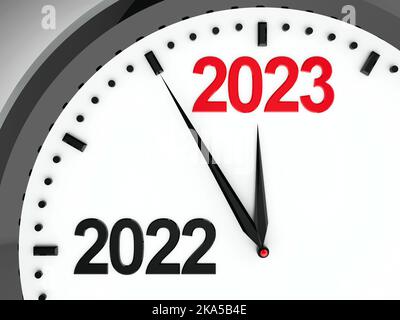 L'orologio nero con cambio 2022-2023 rappresenta il nuovo anno 2023, rendering tridimensionale, illustrazione 3D Foto Stock