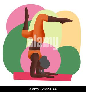 Illustrazione disegnata a mano di una donna nera afroamericana in posa yoga. Moderno design verde rosa per equilibrio armonia benessere concetto di auto aiuto. Relax esercizio fitness sport corpo Foto Stock