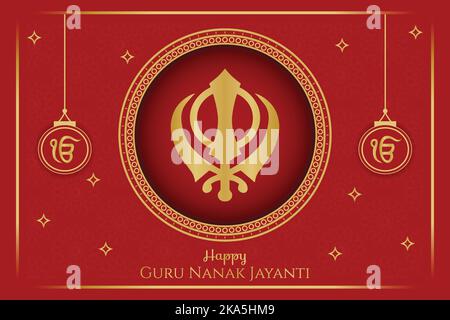 Happy Guru Nanak Jayanti Gurpurab Poster Illustrazione vettoriale. Design grafico ornamentale Khava dorato e rosso. Post sui social media, sito Web, celebrazione Illustrazione Vettoriale