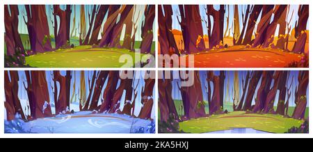 Quattro stagione vettore illustrazione set di foresta glade cambiamento durante l'anno. Cartone animato paesaggio in estate, autunno, inverno, primavera. Verde, giallo, bianco neve e alberi in fiore. Previsioni del tempo Illustrazione Vettoriale