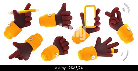 3D Set illustrativo di gesti della mano isolati su sfondo bianco. African americal personaggio che tiene smartphone, matita, utilizzando l'anello intelligente, scattando le dita, puntando, facendomi il pugno, chiamami il cartello Foto Stock