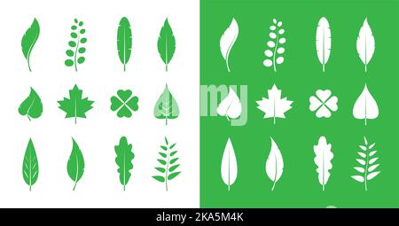 Icona delle foglie del vettore impostata su sfondo bianco e verde. Illustrazione vettoriale a strati facilmente modificabile. Illustrazione Vettoriale