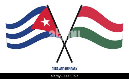 Bandiere di Cuba e Ungheria in stile piatto incrociato e ondeggiante. Proporzione ufficiale. Colori corretti. Illustrazione Vettoriale