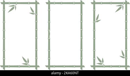 Bambù tronco cornici rettangolari. Caselle di testo naturali verticali. Il ramo di bambù confina con foglie. Modello di cornice vuoto. Illustrazione vettoriale isolata attivata Illustrazione Vettoriale