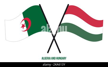 Algeria e Ungheria Bandiere incrociate e ondeggianti stile piatto. Proporzione ufficiale. Colori corretti. Illustrazione Vettoriale