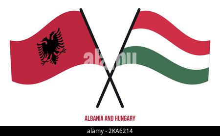 Albania e Ungheria Bandiere incrociate e ondulate in stile piatto. Proporzione ufficiale. Colori corretti. Illustrazione Vettoriale